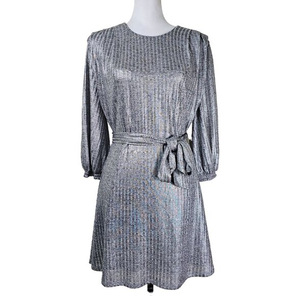Tularosa Dries Mini Dress Sz M Silver Metallic Belted Pleated Cocktail Party - Picture 1 of 16